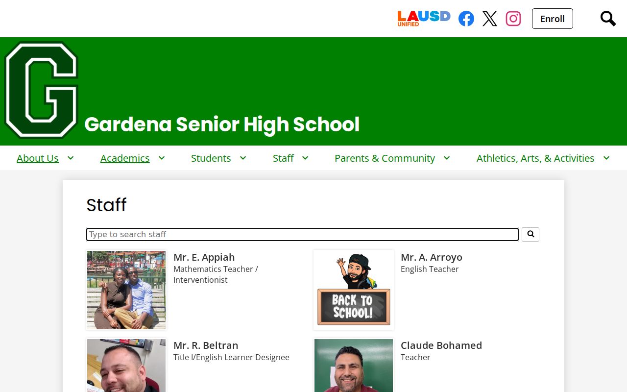 Gardena people directories screenshot of the Gardena Senior High staff directory
